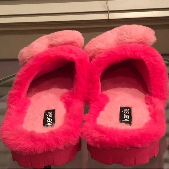 Kensie Hot Pink Heart Fluffy Fur Memory Foam Slippers with Rubber Soles, 9 - Picture 6 of 10